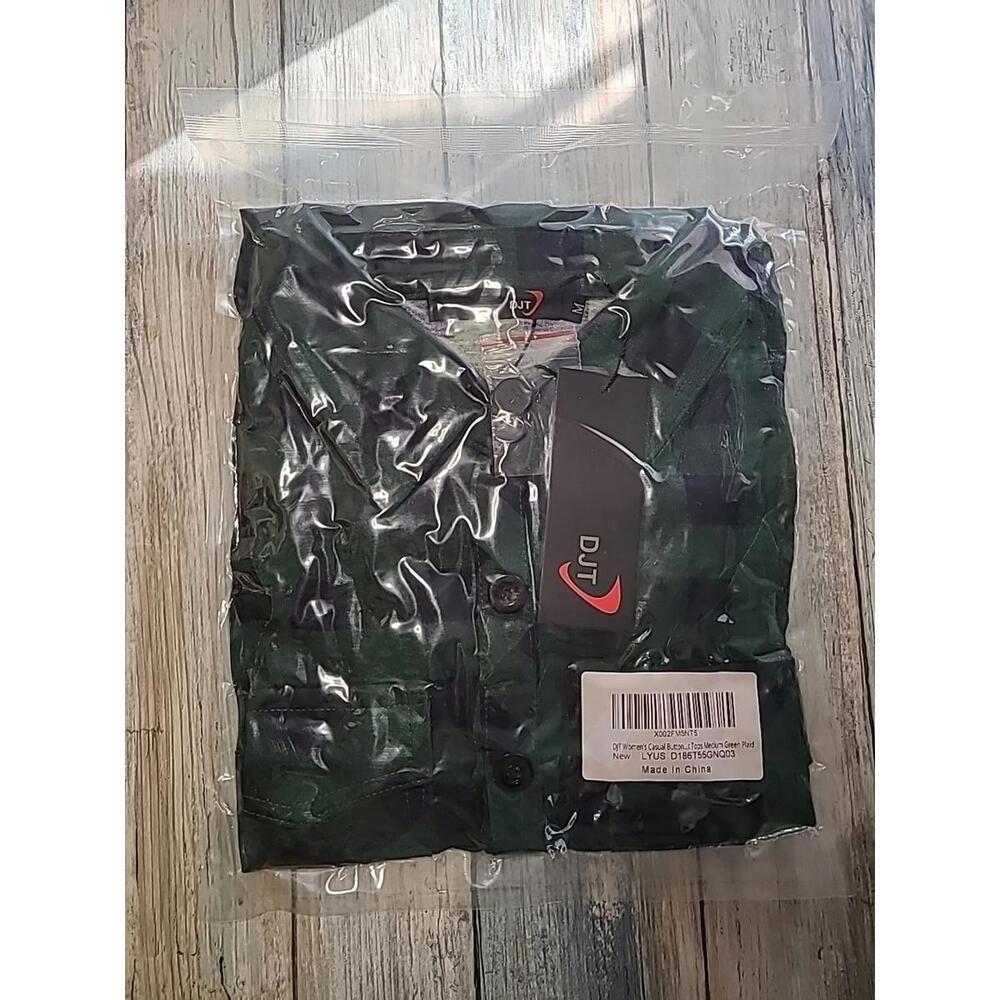DJT Women's Casual Button-down Plaid Tops New Sealed Green Flannel Long Sleeve
